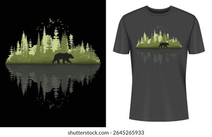 Bear Silhouette in Forest with Reflection on Black T Shirt Mockup