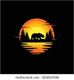 Bear silhouette illustration vector animal logo design, Orange sunset cloudy ocean view