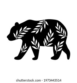 Bear silhouette with leaves. Vector illustration.  Isolated on white background. Good for posters, t shirts, postcards.