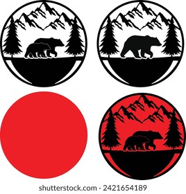 Bear Silhouette With Mountain and Tree, Bear Cutting File