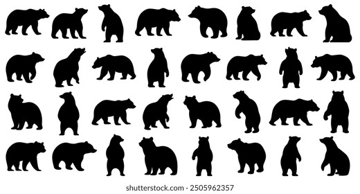 Bear silhouette set collection isolated on white background vector illustration.