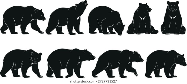 Bärensilhouette-Set mit wilden Tierposen, einschließlich Gehen, Stehen, Sitzen und Füttern einzeln auf weißem Hintergrund