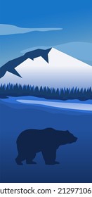 bear silhouette in snow winter background mountain blue