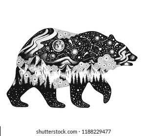 Bear silhouette for t-shirt print or temporary tattoo. Hand drawn surreal design for apparel. Black animal, night forest landscape. Vintage vector illustration, sketch isolated on white background