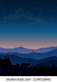 Bear silhouette and Twilight  mountain vector.
