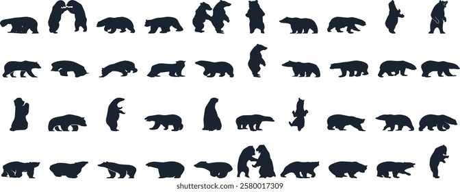 Bear silhouette, various poses of bear, standing, walking, sitting, wildlife, nature, animal, black, outline, wild, mammal, grizzly bear collection