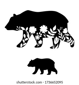 Bear silhouette vector illustration. Floral cutout mammal vector icon.