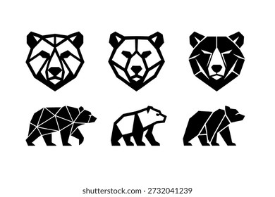 Conjunto de Vector de silueta de oso. Colección geométrica del símbolo del logotipo del animal. Estilo abstracto poligonal. Aislado sobre fondo blanco.