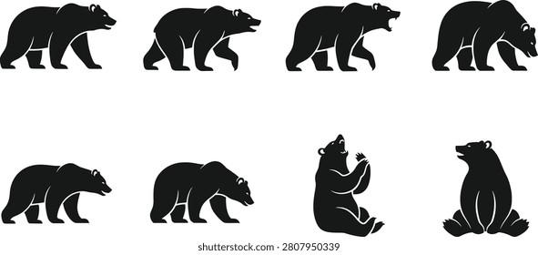 Bear silhouette vector set, wildlife animal icon collection, forest creature design, nature and fauna concept, minimal black and white art illustration