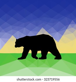Bear silhouette in the wild with mountains range, green landscape and blue sky, low poly vector illustration.