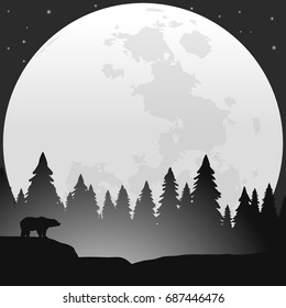 bear silhouette in wildlife vector landscape with moon at night