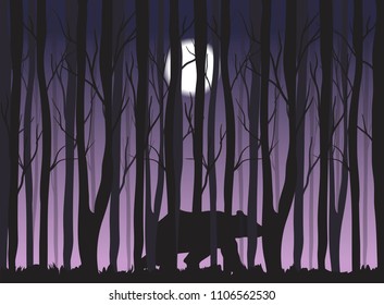 bear silhouette in the woods under full moon, vevtor illustration. 