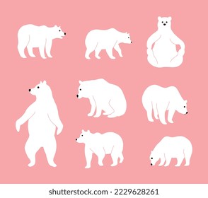 Bear silhouettes line set. Collection of graphic elements for website. Predator and mammal, forest dweller. Fauna and white animal. Cartoon flat vector illustrations isolated on pink background