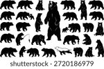 Bear silhouettes vector illustration, wildlife animal poses, black bear shapes on white background, forest creature design, editable nature clipart, standing walking sitting, fishing bear, cub interaction, outdoor theme