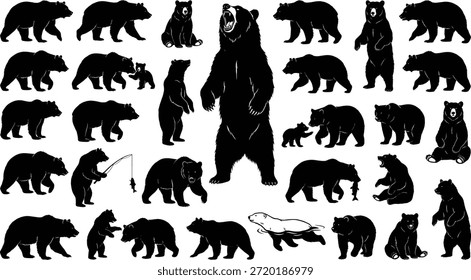 Bear silhouettes vector illustration, wildlife animal poses, black bear shapes on white background, forest creature design, editable nature clipart, standing walking sitting, fishing bear, cub interaction, outdoor theme