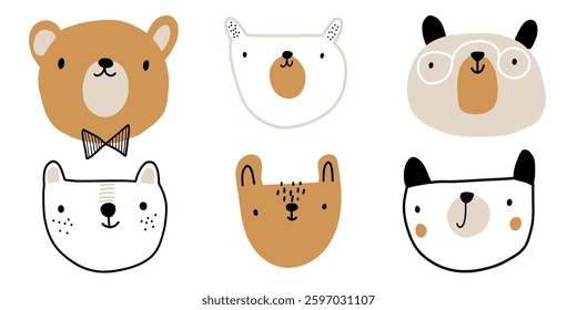 Bear simple crown kid nursery seamless pattern design collection. Printable poster illustration in pastel beige brown colors.