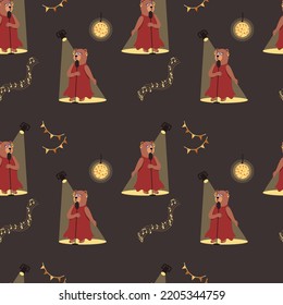 The bear sings into the microphone. Vector illustration, seamless pattern