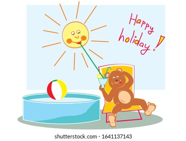 bear sits in a chair by the pool and drinks a drink,vector illustration