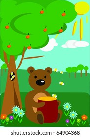 The bear sits on a glade under a tree with a honey jar