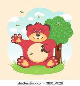 Bear sits under a tree and the bees flying around