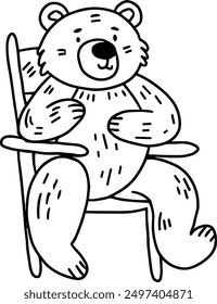A bear is sitting in a chair. The bear is smiling and he is happy. The chair is empty, and the bear is the only object in the image