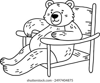 A bear is sitting in a chair. The bear is smiling and he is happy. The chair is empty, and the bear is the only object in the image