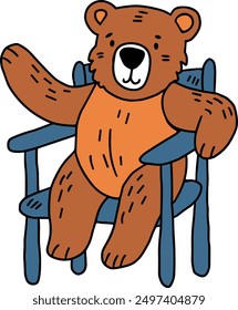 A bear is sitting in a chair. The bear is smiling and he is happy. The chair is empty, and the bear is the only object in the image