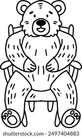 A bear is sitting in a chair. The bear is smiling and he is happy. The chair is empty, and the bear is the only object in the image