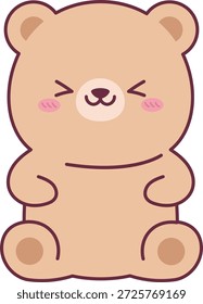 Urso sentado com os olhos fechados, patas redondas, bochechas vermelhas e contorno ousado em desenho animado kawaii. Símbolo de conforto, infância, calor e bondade para creche, marca de crianças. Ilustração de vetor de desenhos animados.