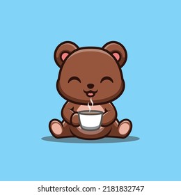 Bear Sitting Drink Coffee Cute Creative Kawaii Cartoon Mascot Logo