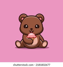 Bear Sitting Comer Ice Cream Cute Creativo Logo De Mascota De Caricatura Kawaii