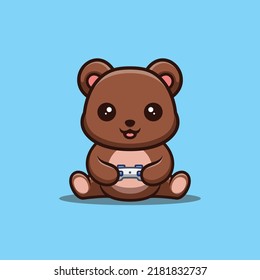 Bear Sitting Gaming Cute Creative Kawaii Cartoon Mascot Logo