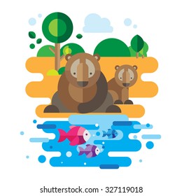 Bear sitting with his son looking at fish in the river