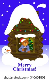 A bear is sitting at home and drinking a cup of hot chocolate and waiting Christmas blue