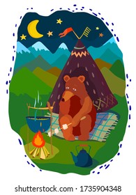 Bear is sitting near the tent by the fire and frying marshmallow 