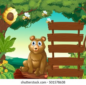 Bear sitting next to wooden signs in jungle illustration