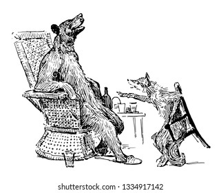 The bear sitting on chair near table and the fox sitting on chair in front of him and picking something from table, glasses and jars kept on table, vintage line drawing or engraving illustration