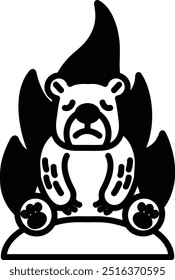 A bear is sitting on a fire, looking sad. The bear is surrounded by flames, and it is in a state of distress