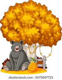 Bear sitting under a vibrant autumn tree