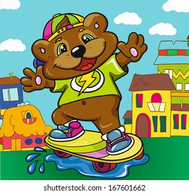 Bear skateboarder on a colored background, vector illustration