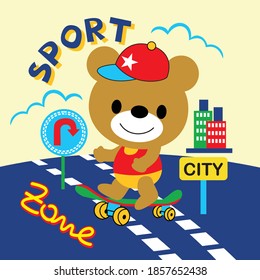 Bear is skateboarding in the middle of the city,vector cartoon illustration