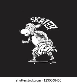 bear skater 2, design for Prints on T-shirts, sweatshirts, cases for mobile phones, souvenirs. Isolated vector illustration on black background.