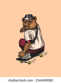 Bear skater rides on a board. Fashion animal character in vintage costume. Hand drawn sketch. Retro look. Vector engraved illustration for logo and tattoo or T-shirts.