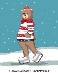 The bear is skating on ice in a hat and sweater. Blue background. Street. Snowflakes. Snow and drifts. Winter sport. Christmas and New Year.  Animal. Cartoon.Stock Vector Illustration.