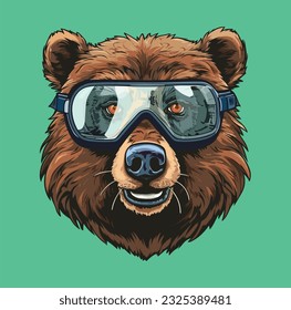 Bear with ski glasses mascott vector for winter sport, bold color, sticker.