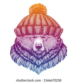 Bear. Ski, skier animal wearing woolen knitted hat. Christmas time. Cartoon character for little children. Kids print for tee