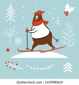 Bear ski in winter, vector illustration, season greeting card design