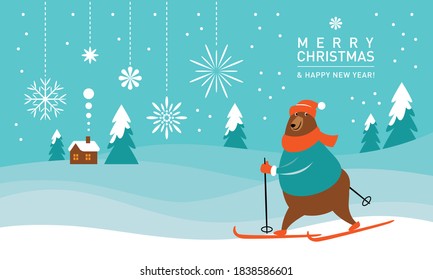 Bear ski in winter, vector illustration, season greeting card design