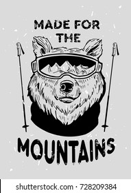 Bear skier in ski glasses. Hand drawn illustration converted to vector. Great for poster, labels, prints