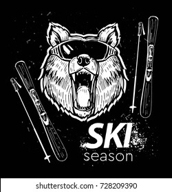 Bear skier in ski glasses. Hand drawn illustration converted to vector. Great for poster, labels, prints